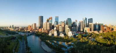 Aerial panoramic view of Calgary Downtown, during a sunrise. Alberta, Canada.